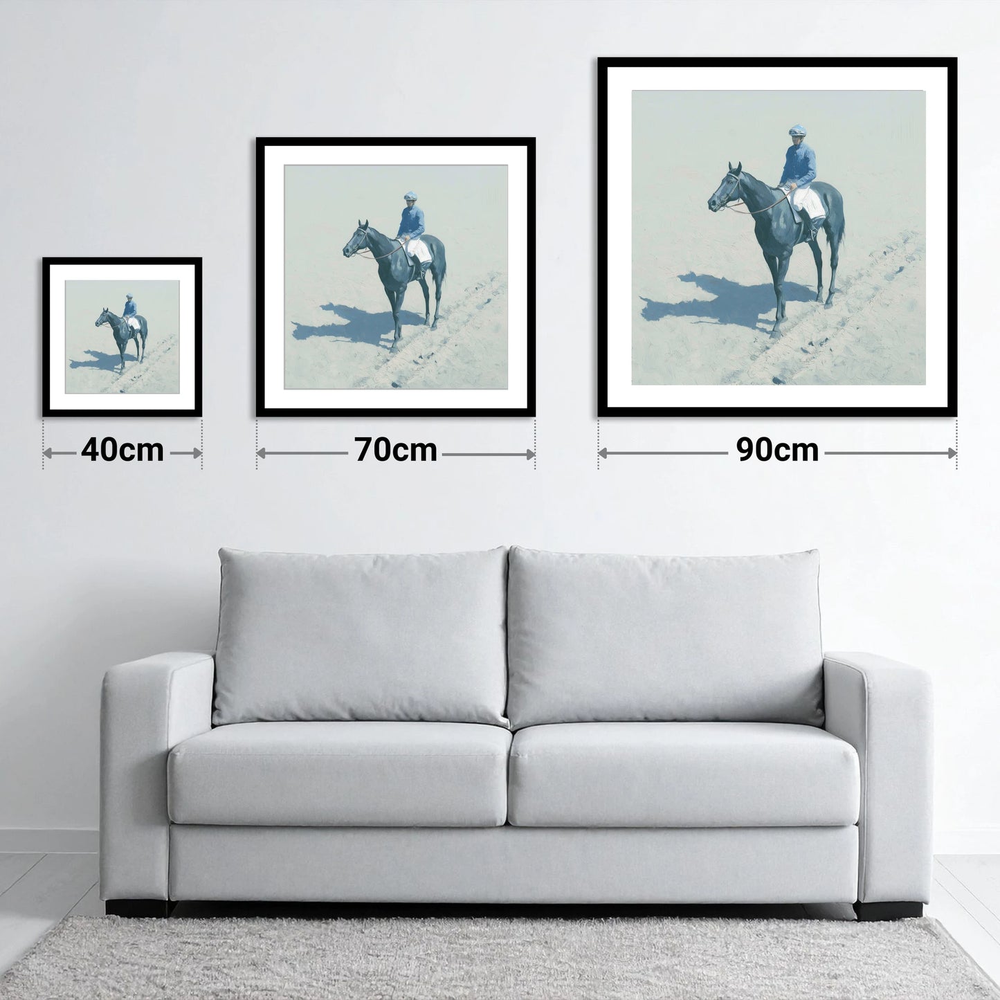 Dawn on the Gallops - size guide showing 40cm, 70cm and 90cm art prints