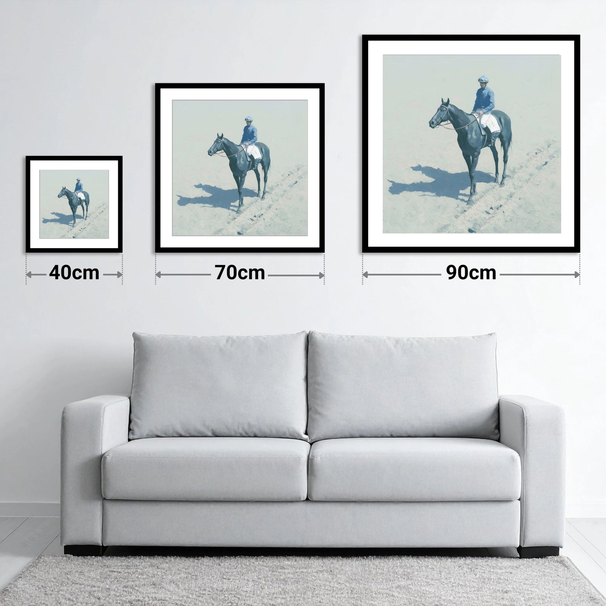 Dawn on the Gallops - size guide showing 40cm, 70cm and 90cm art prints