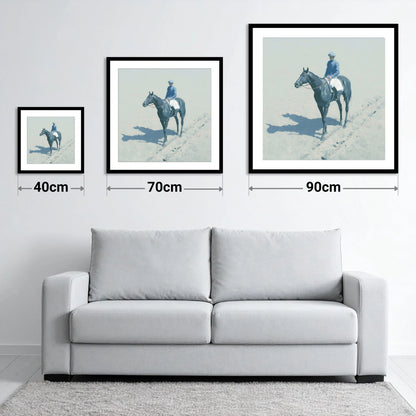 Dawn on the Gallops - size guide showing 40cm, 70cm and 90cm art prints