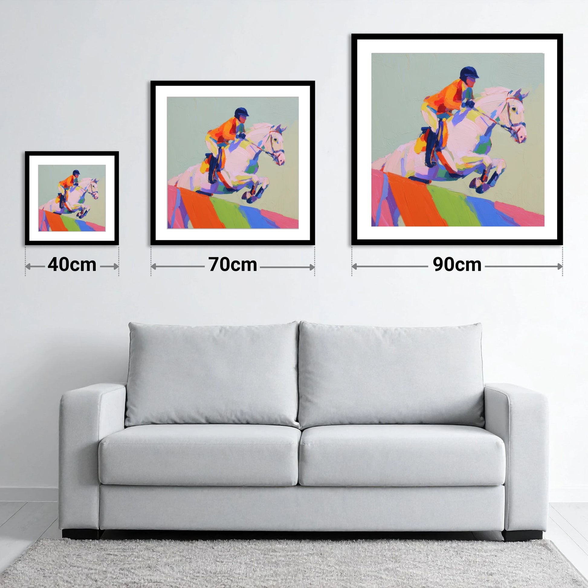 Vibrant Ascent - size guide showing 40cm, 70cm and 90cm art prints