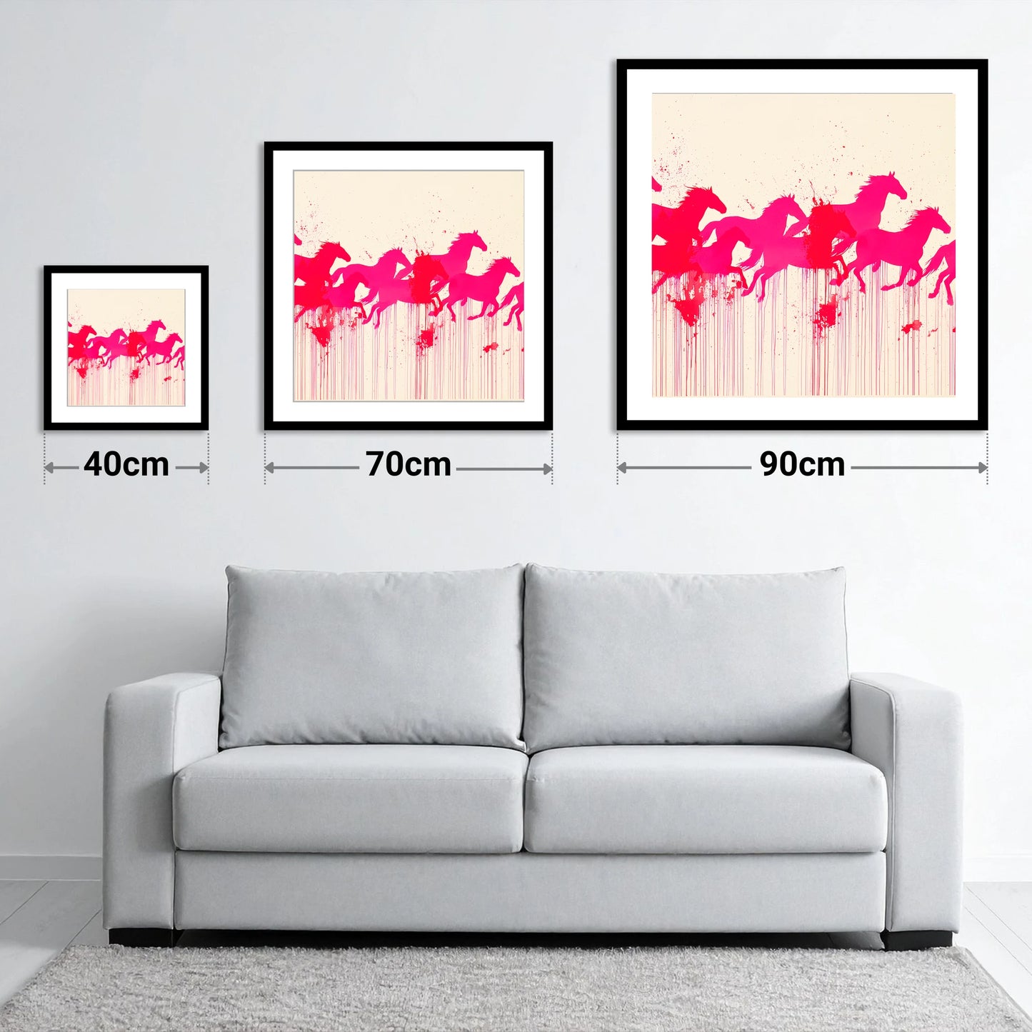Vivid Magenta Herd - size guide showing 40cm, 70cm and 90cm art prints