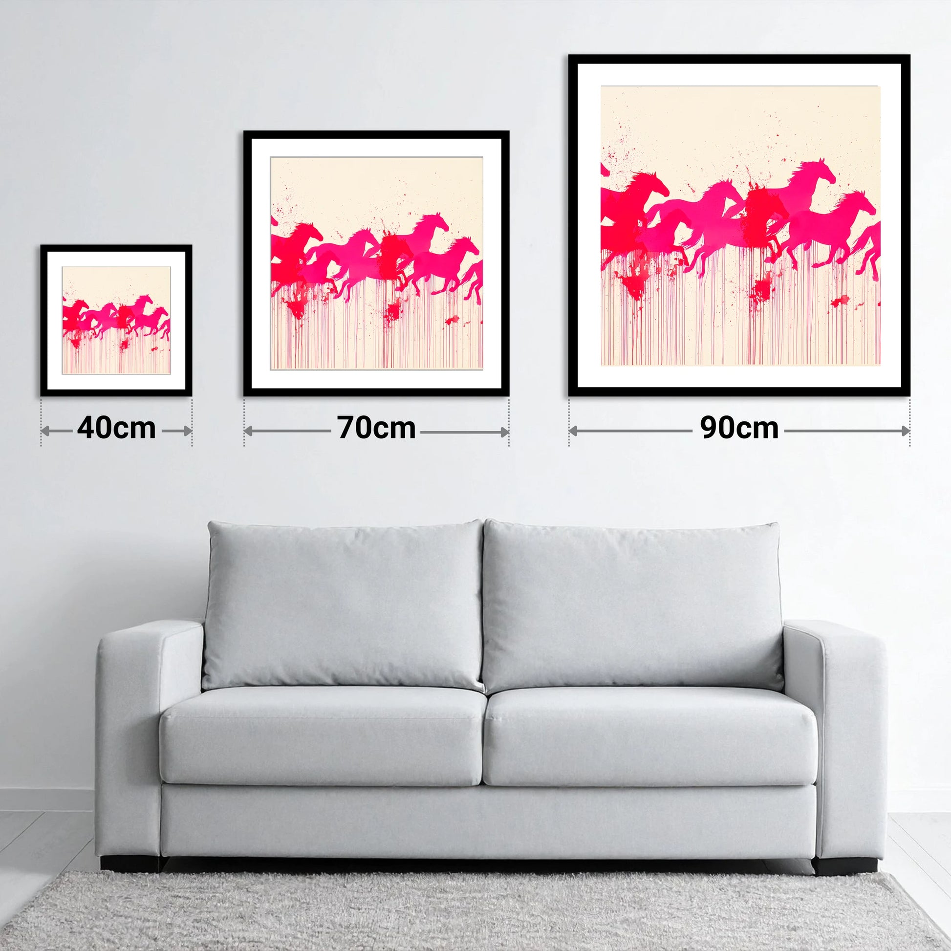 Vivid Magenta Herd - size guide showing 40cm, 70cm and 90cm art prints