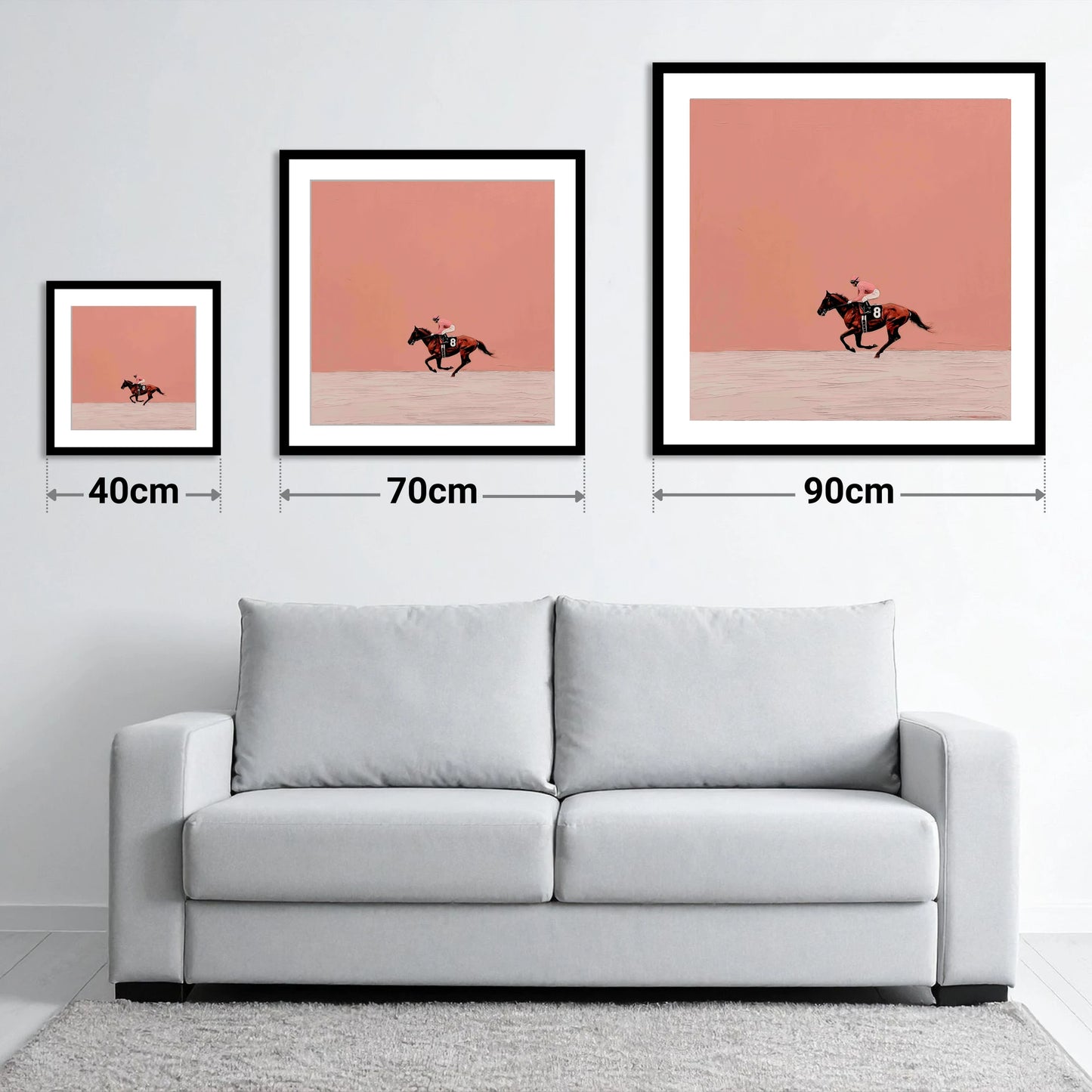 Dusty Rose Racing - size guide showing 40cm, 70cm and 90cm art prints