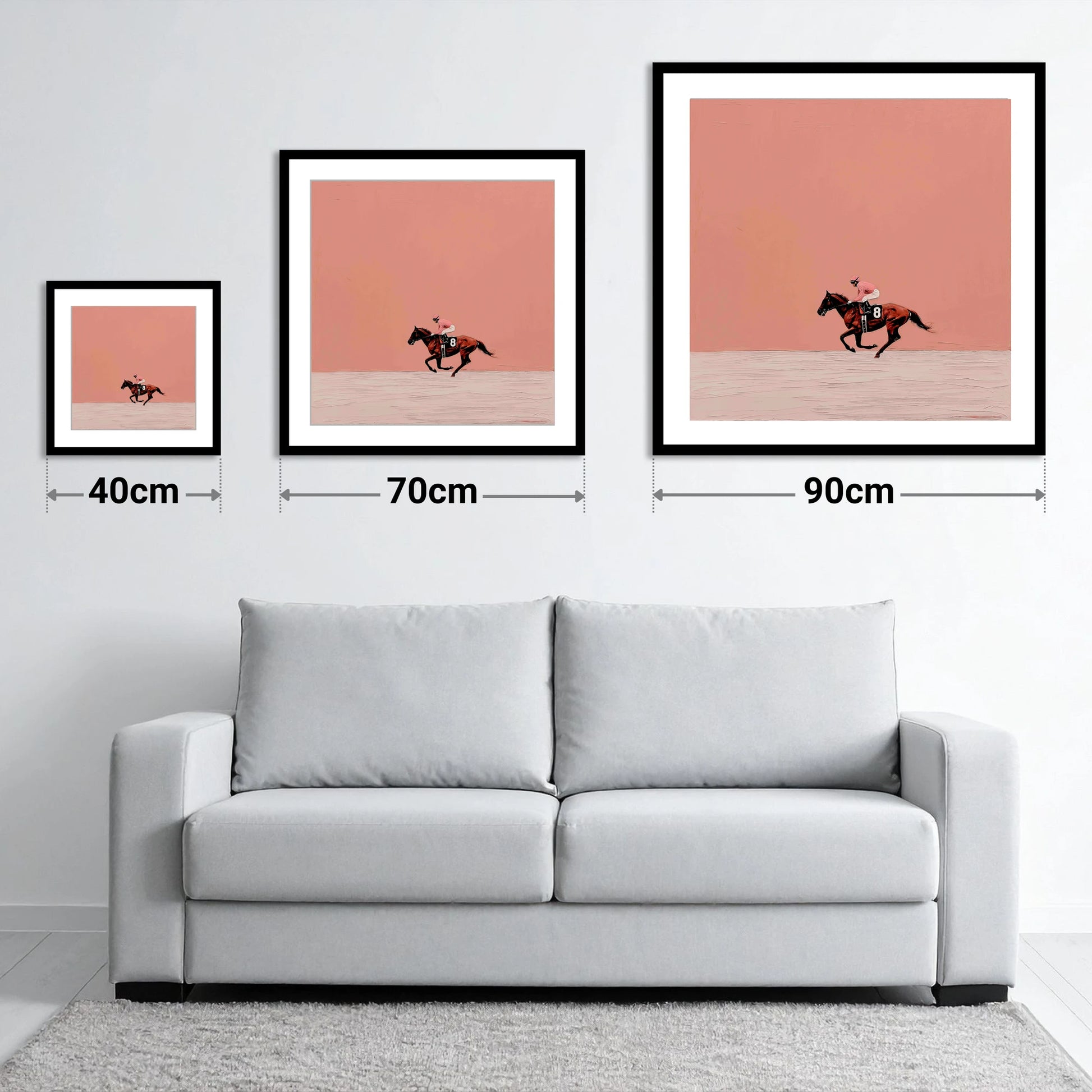 Dusty Rose Racing - size guide showing 40cm, 70cm and 90cm art prints