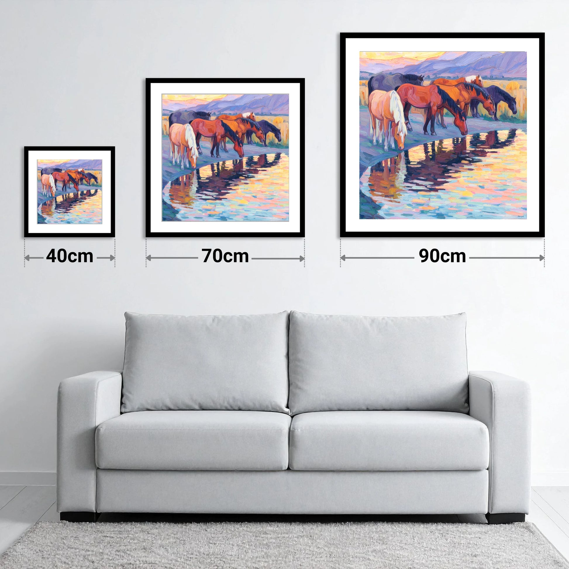 Reflections at Dusk - size guide showing 40cm, 70cm and 90cm art prints