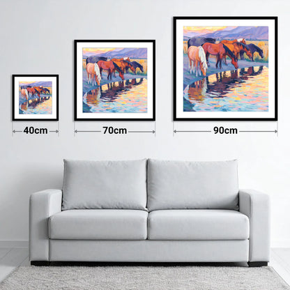 Reflections at Dusk - size guide showing 40cm, 70cm and 90cm art prints