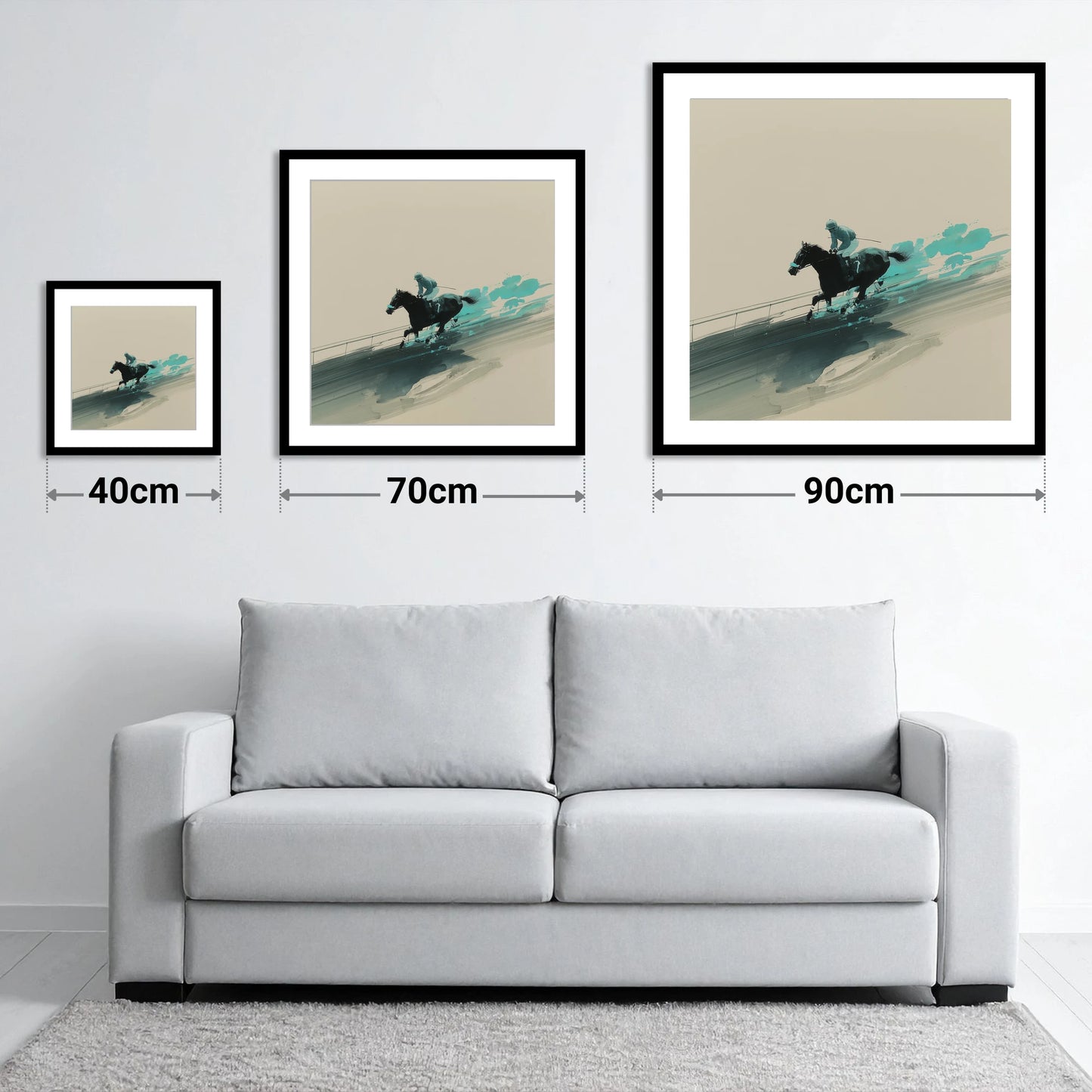 Velocity in Teal - size guide showing 40cm, 70cm and 90cm art prints