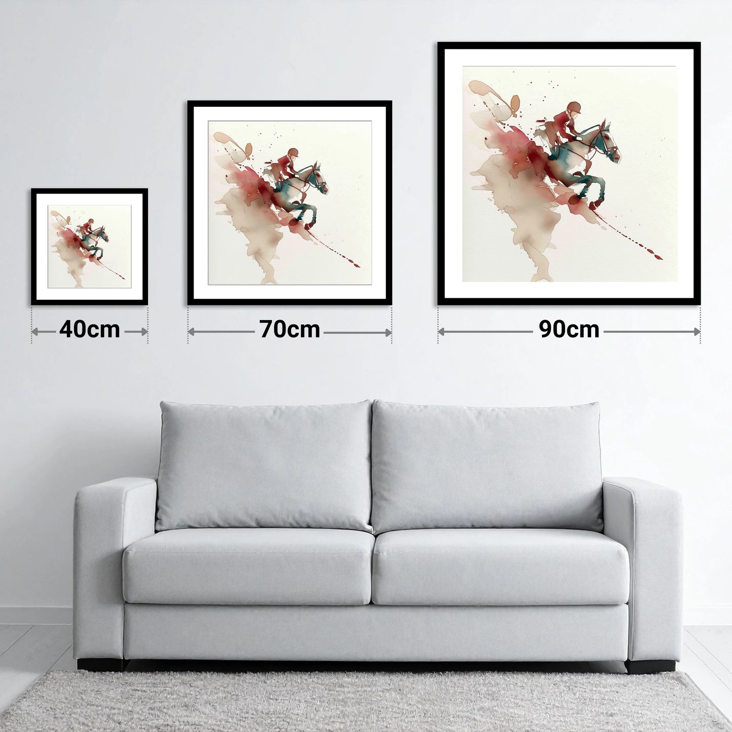 Suspended Momentum - size guide showing 40cm, 70cm and 90cm art prints