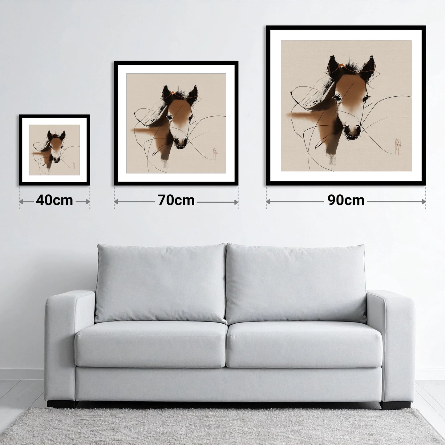 Curious Sepia Foal - size guide showing 40cm, 70cm and 90cm art prints