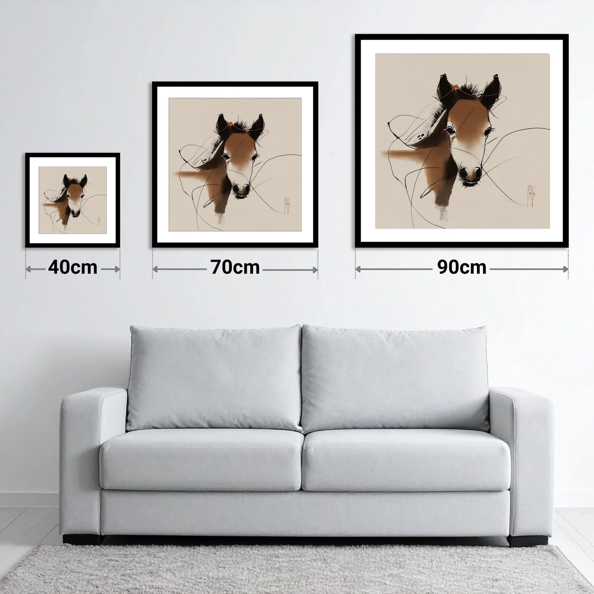 Curious Sepia Foal - size guide showing 40cm, 70cm and 90cm art prints