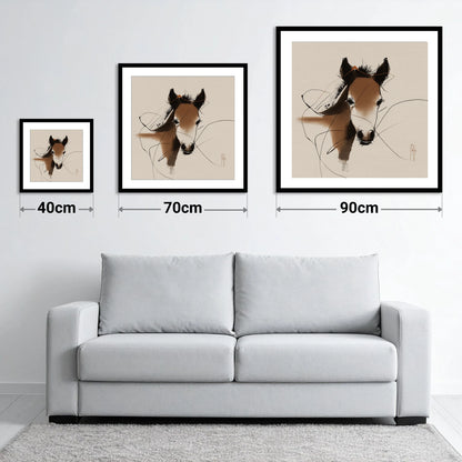 Curious Sepia Foal - size guide showing 40cm, 70cm and 90cm art prints