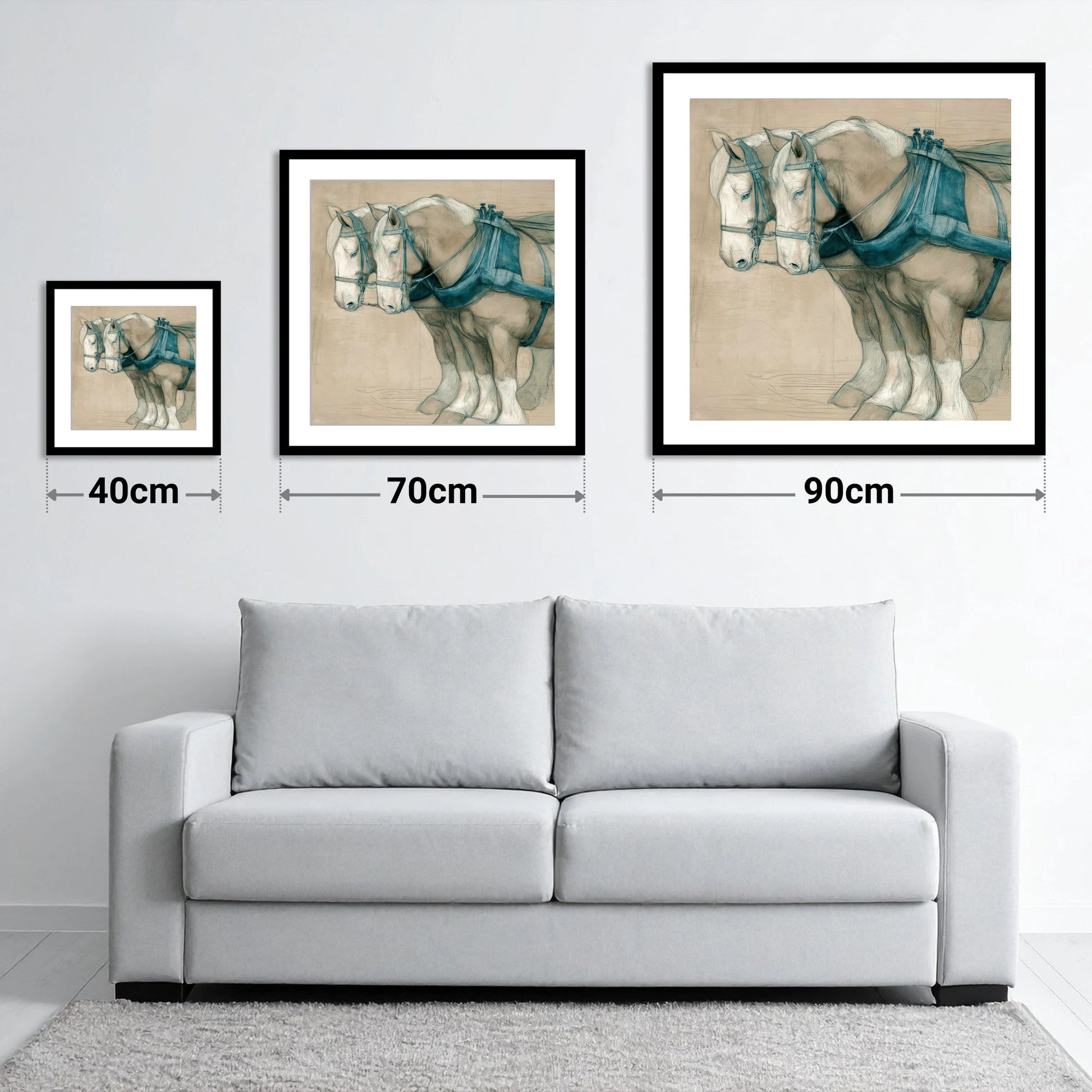 Quiet Strength in Harness - size guide showing 40cm, 70cm and 90cm art prints