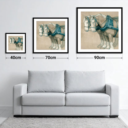 Quiet Strength in Harness - size guide showing 40cm, 70cm and 90cm art prints