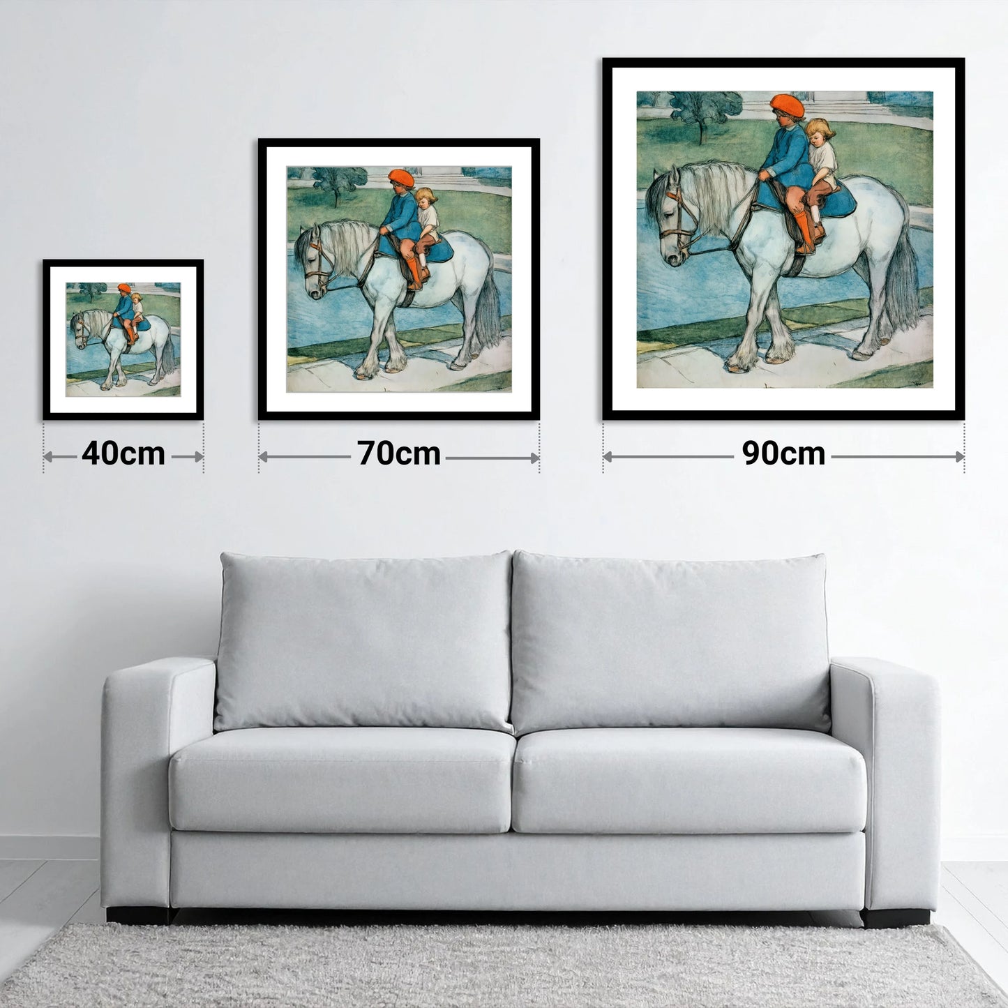 The Shared Ride - size guide showing 40cm, 70cm and 90cm art prints