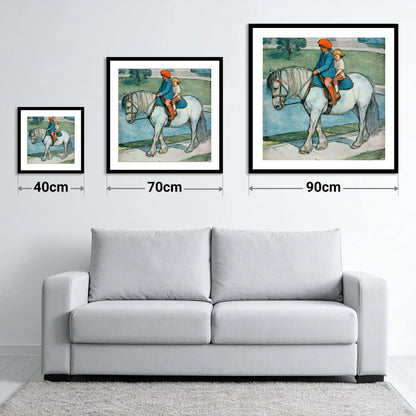 The Shared Ride - size guide showing 40cm, 70cm and 90cm art prints
