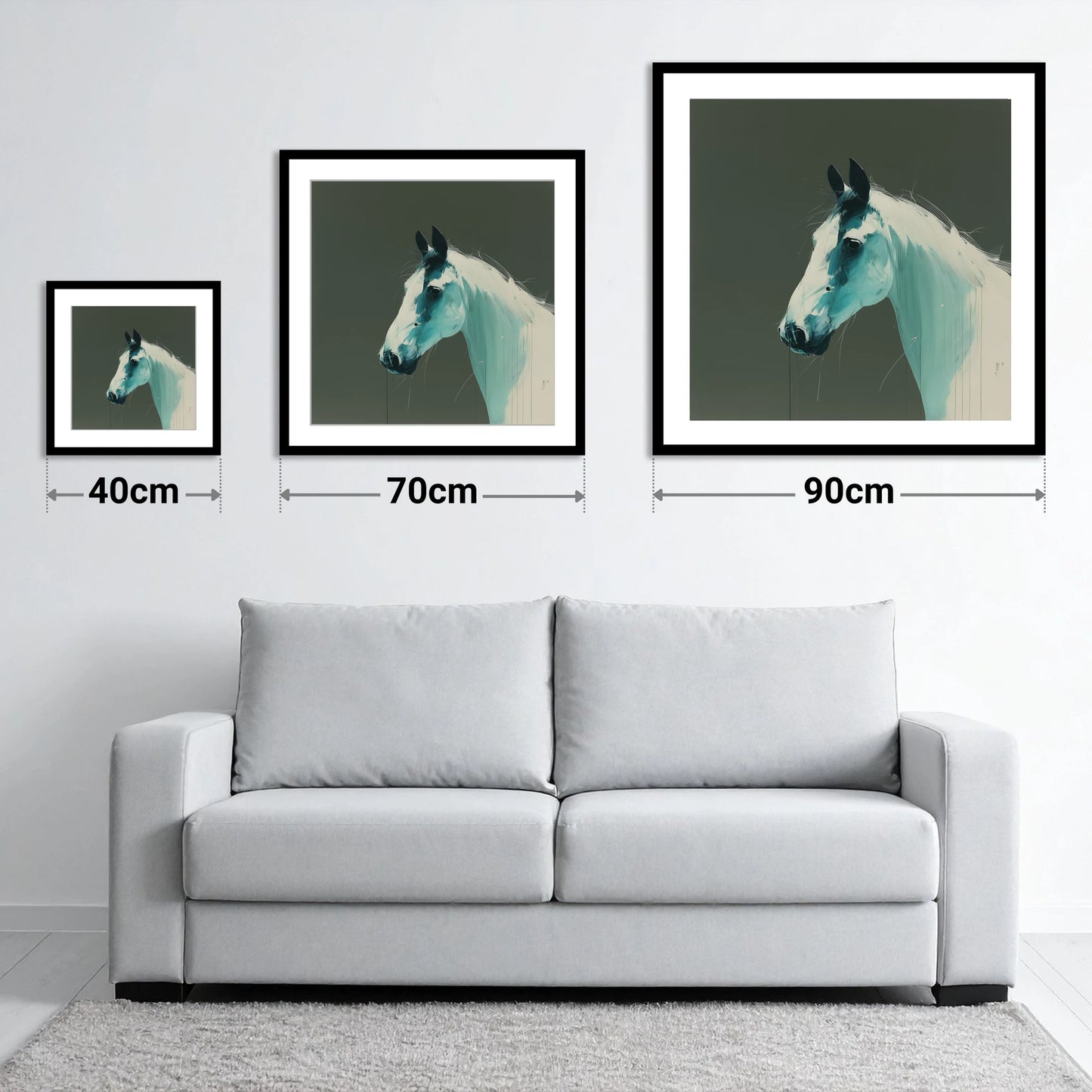 Contemporary Teal Profile - size guide showing 40cm, 70cm and 90cm art prints