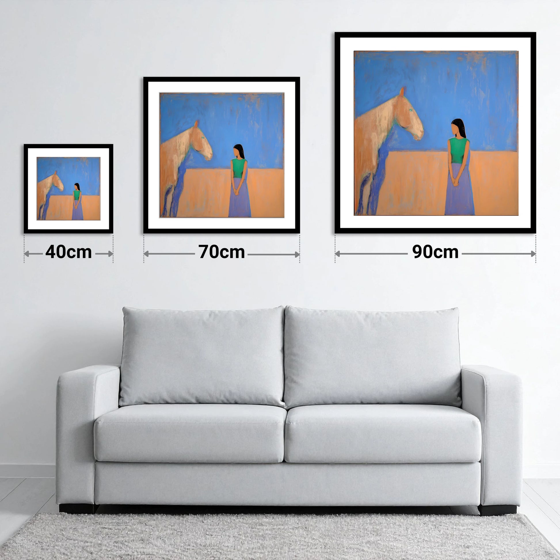 Silent Understanding - size guide showing 40cm, 70cm and 90cm art prints