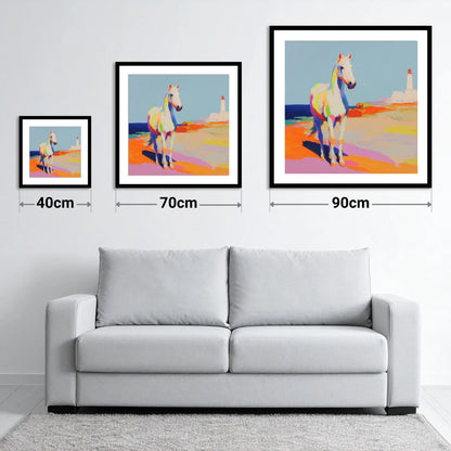 Vibrant Coastal Equine - size guide showing 40cm, 70cm and 90cm art prints