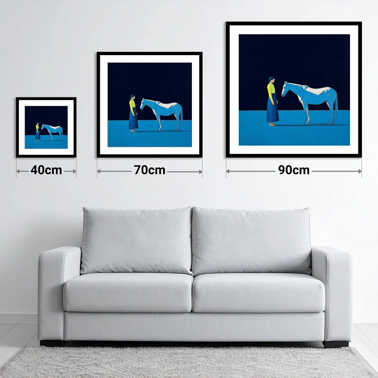 A Quiet Connection - size guide showing 40cm, 70cm and 90cm art prints