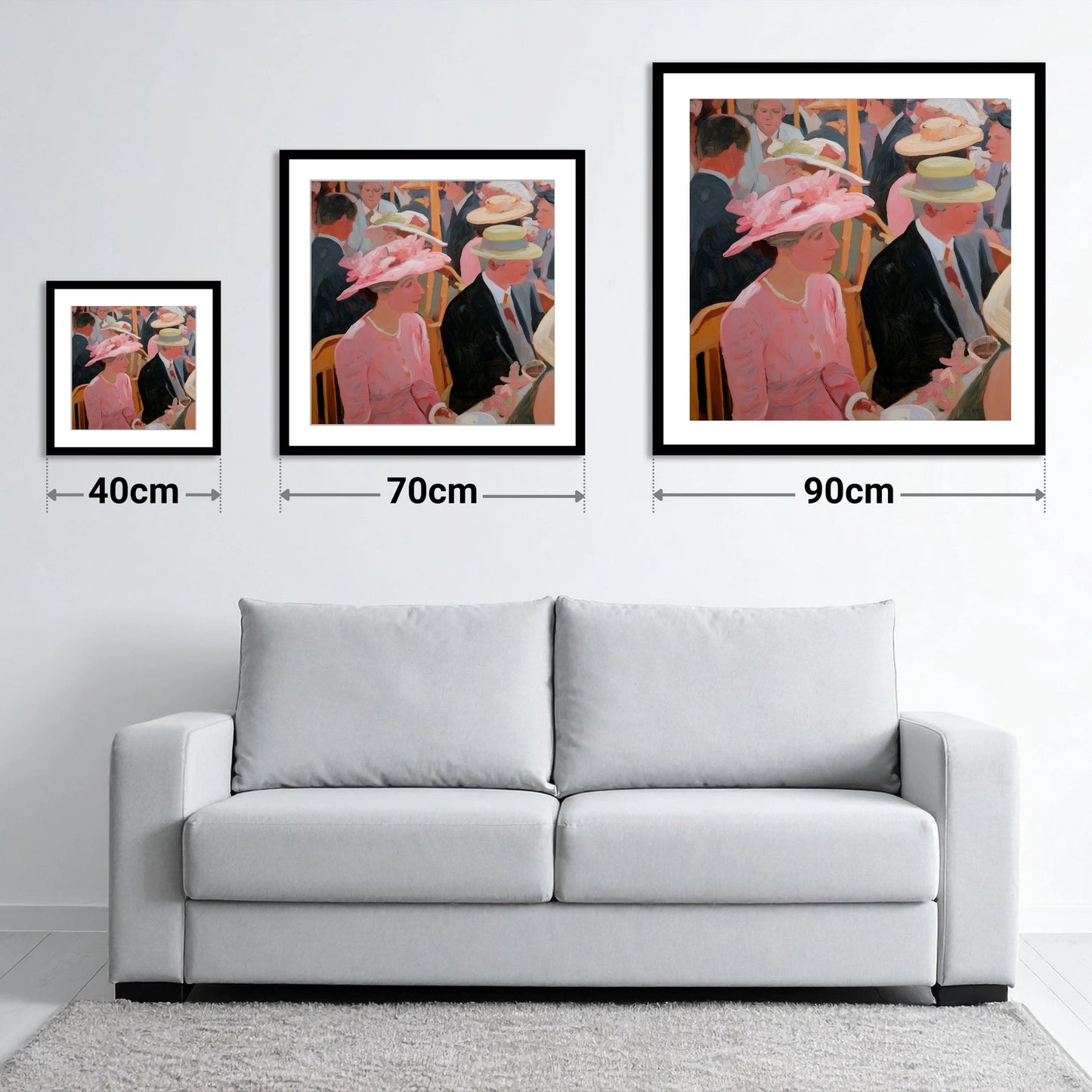 Summer Meet Elegance - size guide showing 40cm, 70cm and 90cm art prints