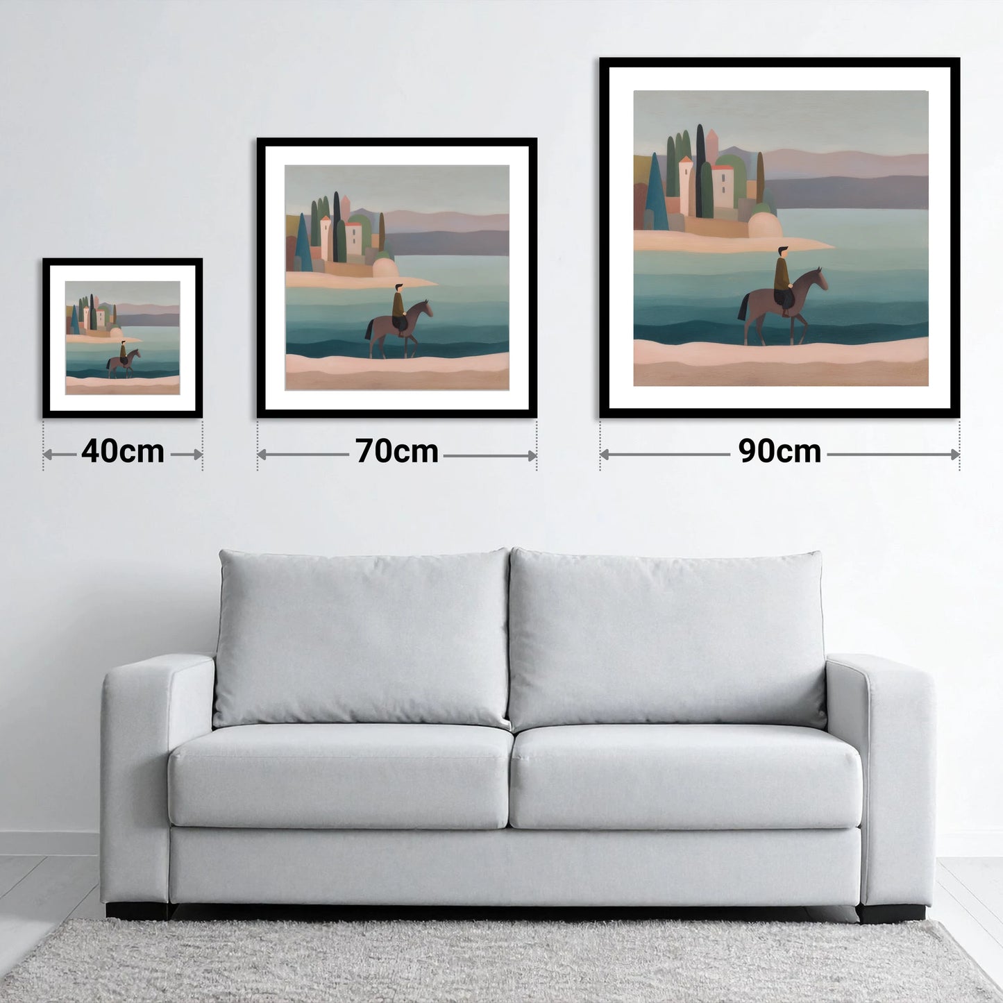 The Painted Shore - size guide showing 40cm, 70cm and 90cm art prints