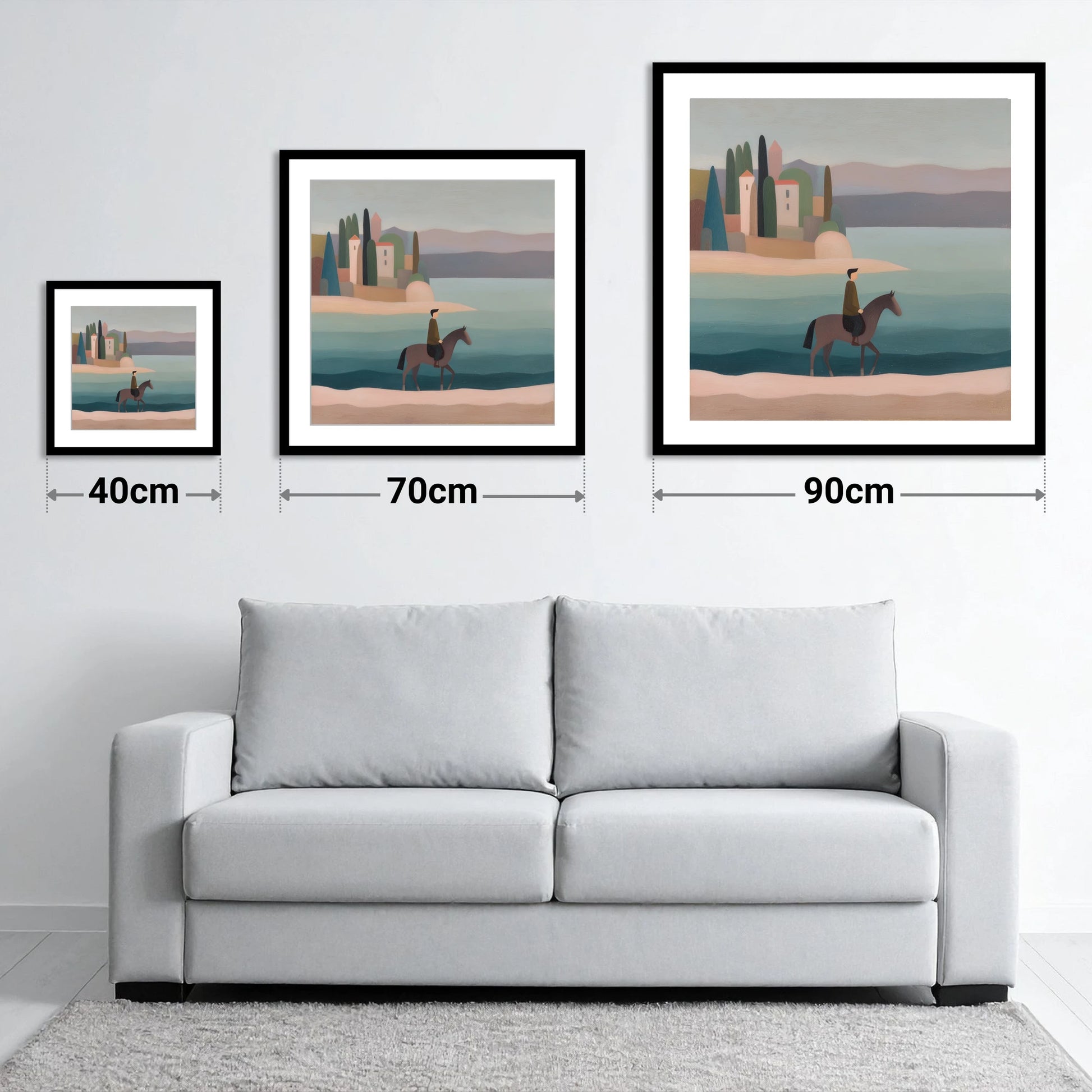 The Painted Shore - size guide showing 40cm, 70cm and 90cm art prints