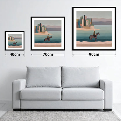 The Painted Shore - size guide showing 40cm, 70cm and 90cm art prints