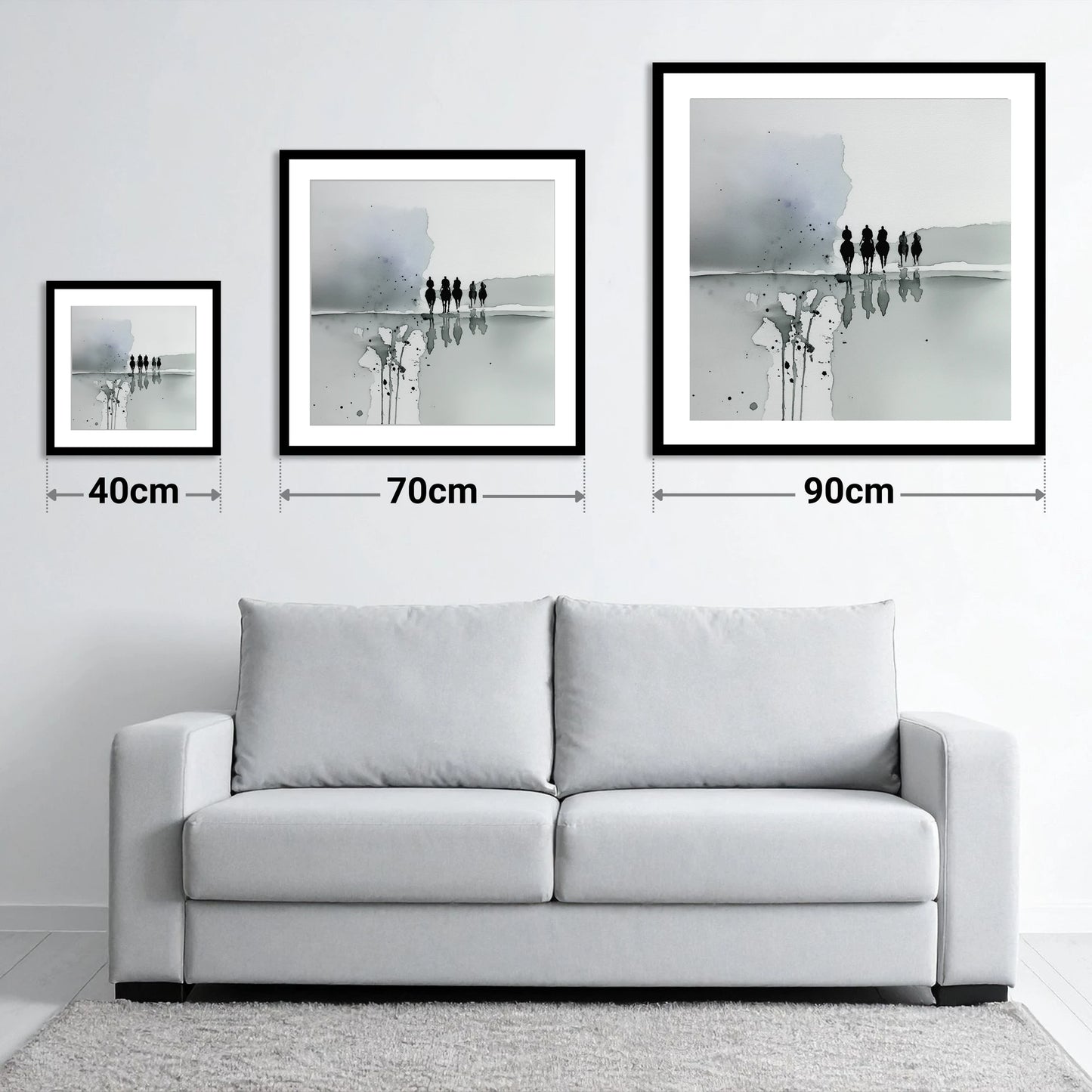 The Morning String - size guide showing 40cm, 70cm and 90cm art prints