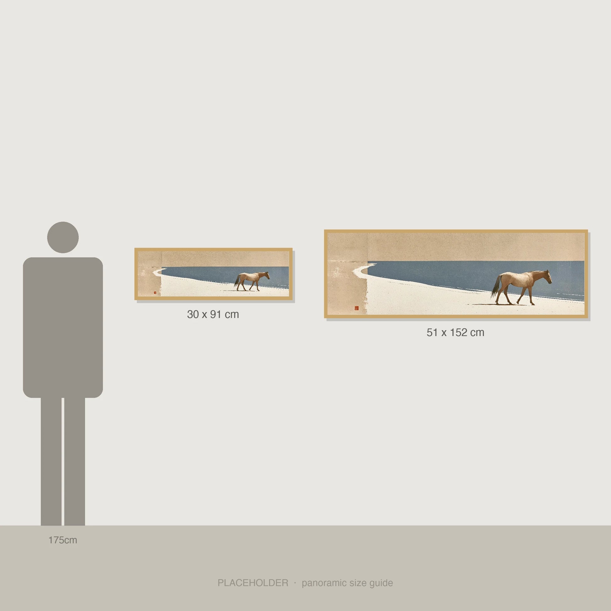 Quiet Shoreline Journey - panoramic size guide showing 30x91cm and 51x152cm