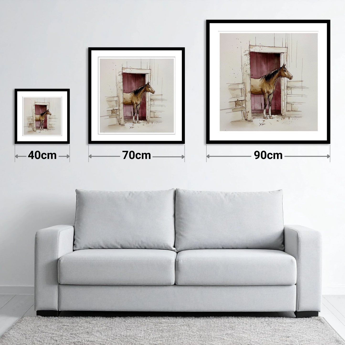 The Plum Doorway - size guide showing 40cm, 70cm and 90cm art prints