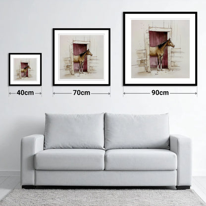 The Plum Doorway - size guide showing 40cm, 70cm and 90cm art prints