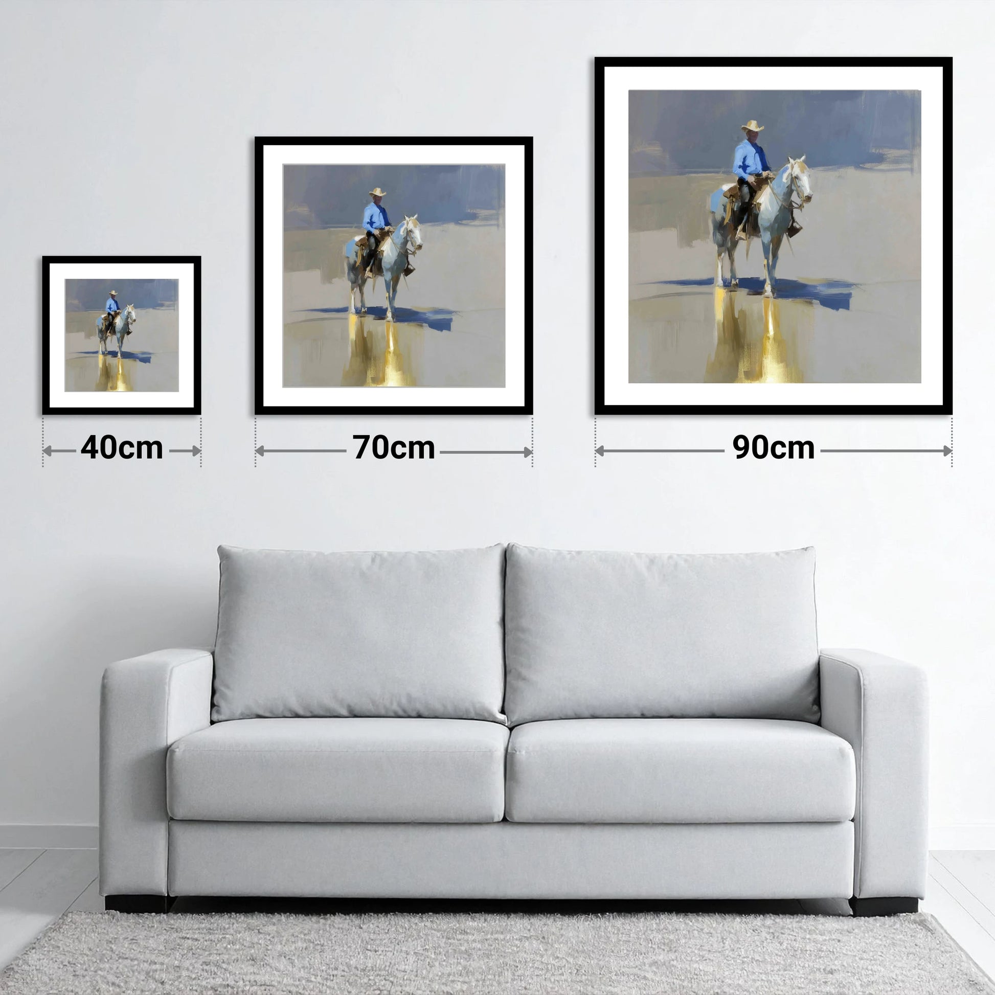 The Sunlit Rider - size guide showing 40cm, 70cm and 90cm art prints