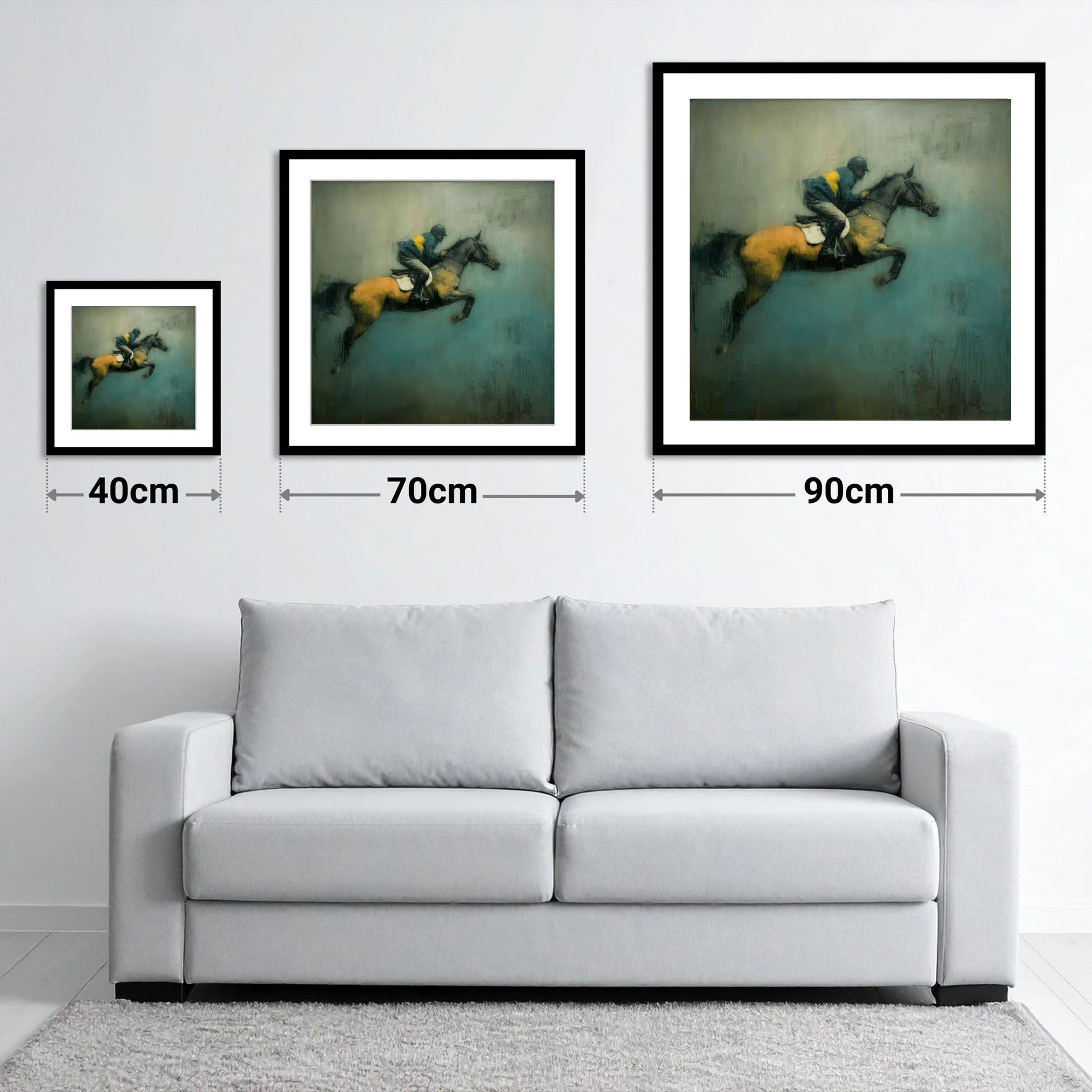 Suspended Momentum - size guide showing 40cm, 70cm and 90cm art prints