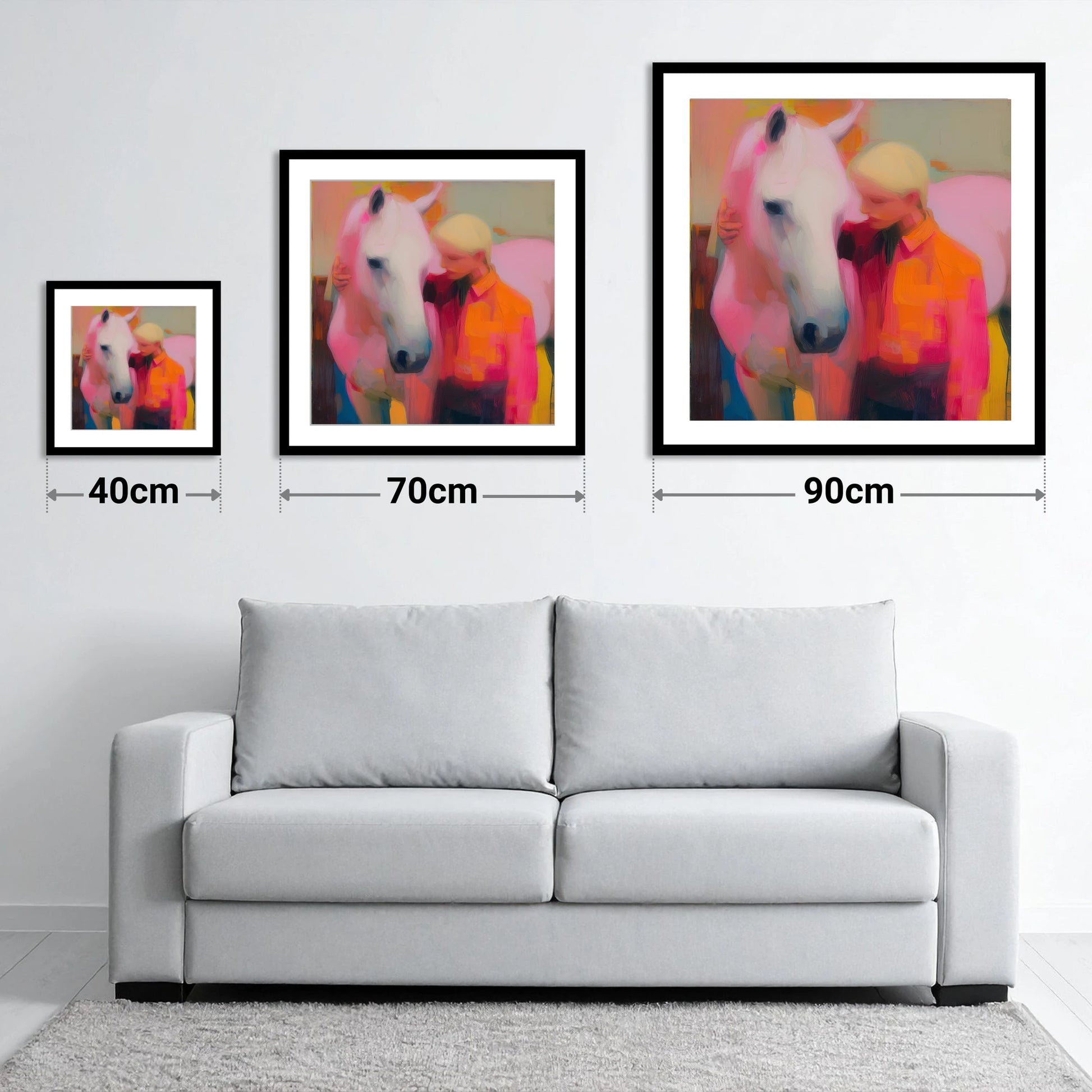 The Radiant Embrace - size guide showing 40cm, 70cm and 90cm art prints
