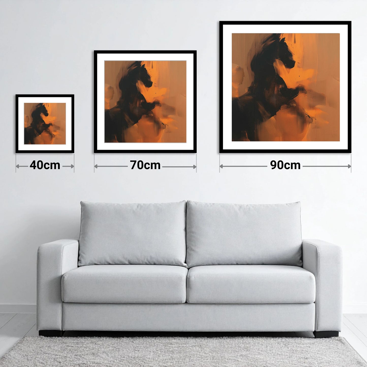 Amber Equine Silhouette - size guide showing 40cm, 70cm and 90cm art prints
