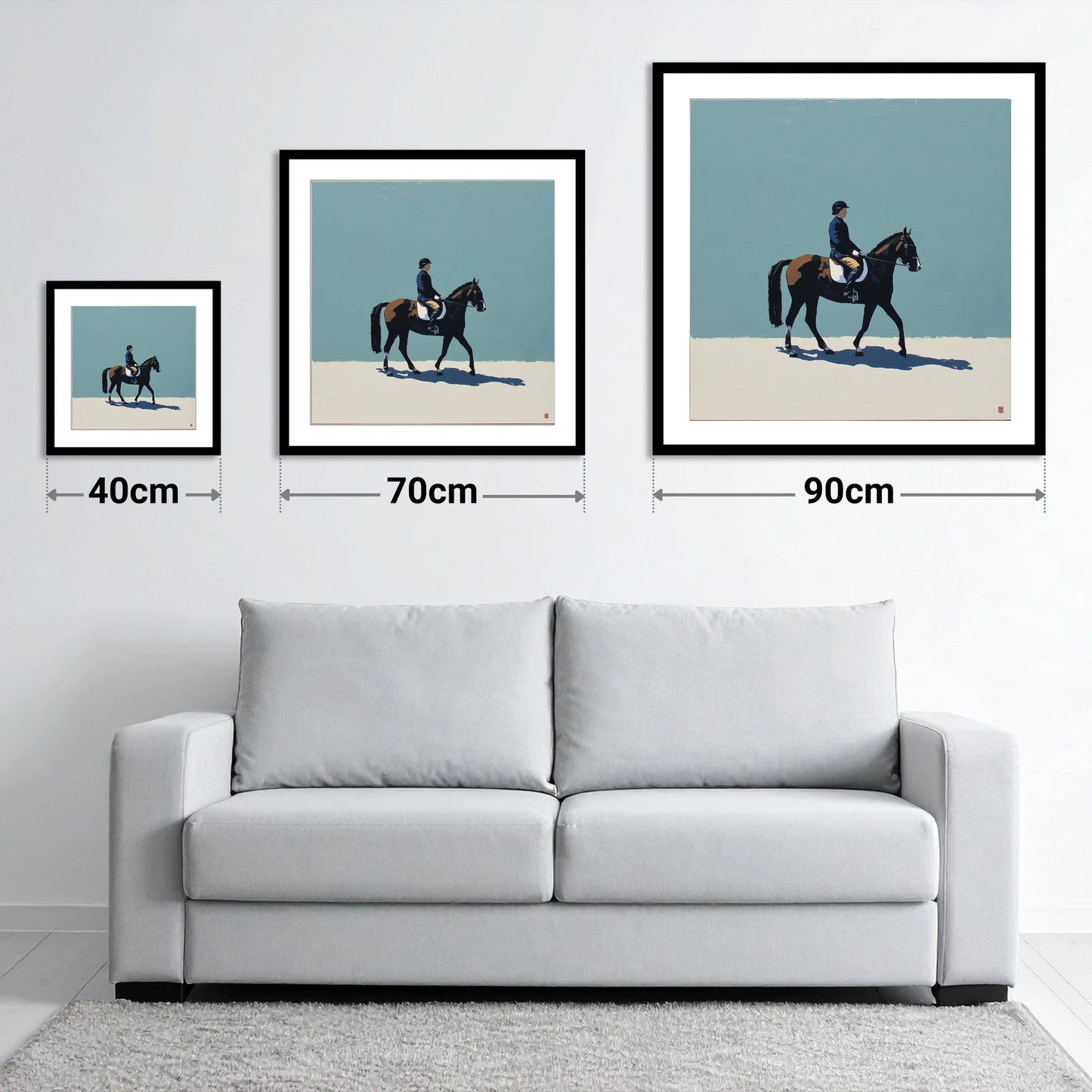 Serene Winter Dressage - size guide showing 40cm, 70cm and 90cm art prints