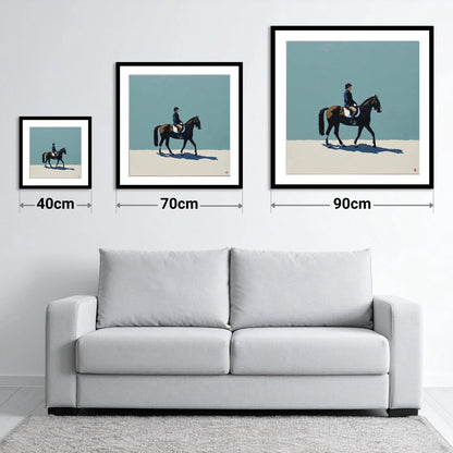 Serene Winter Dressage - size guide showing 40cm, 70cm and 90cm art prints