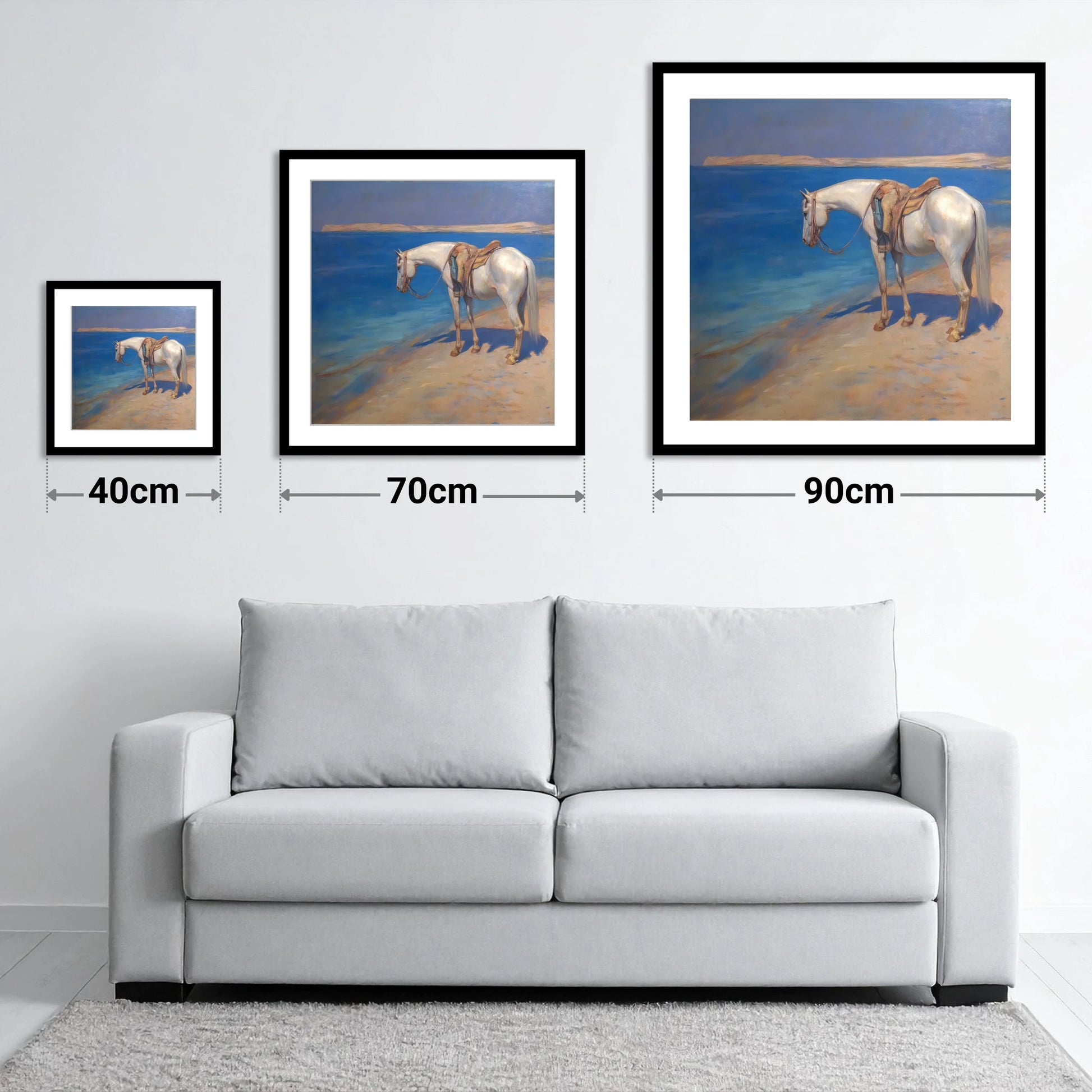 The Patient Grey - size guide showing 40cm, 70cm and 90cm art prints