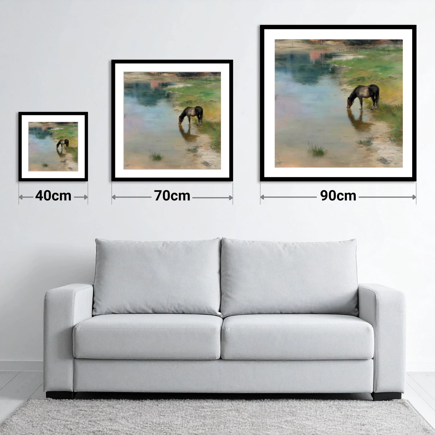 Quiet Waters Edge - size guide showing 40cm, 70cm and 90cm art prints