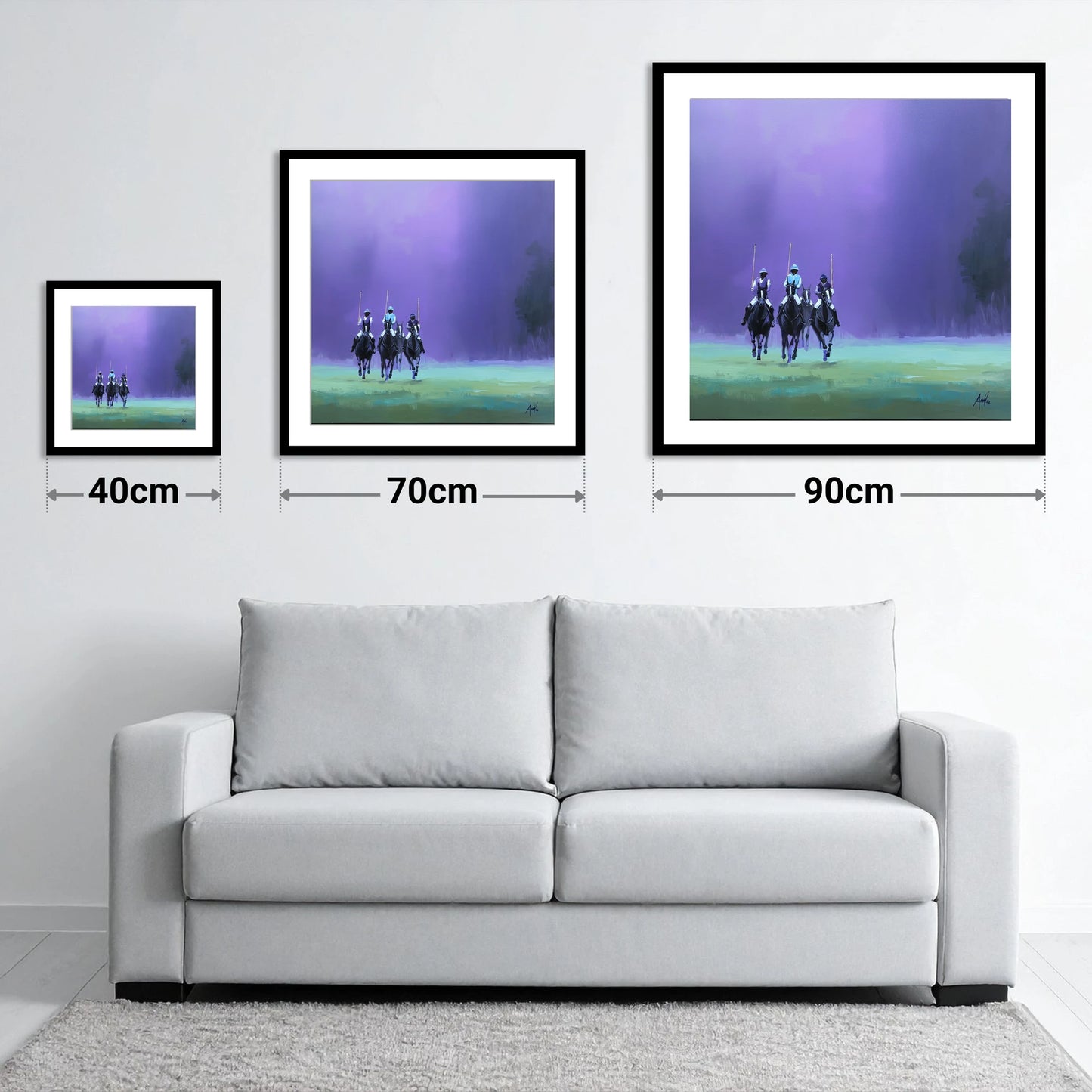 The Violet Charge - size guide showing 40cm, 70cm and 90cm art prints