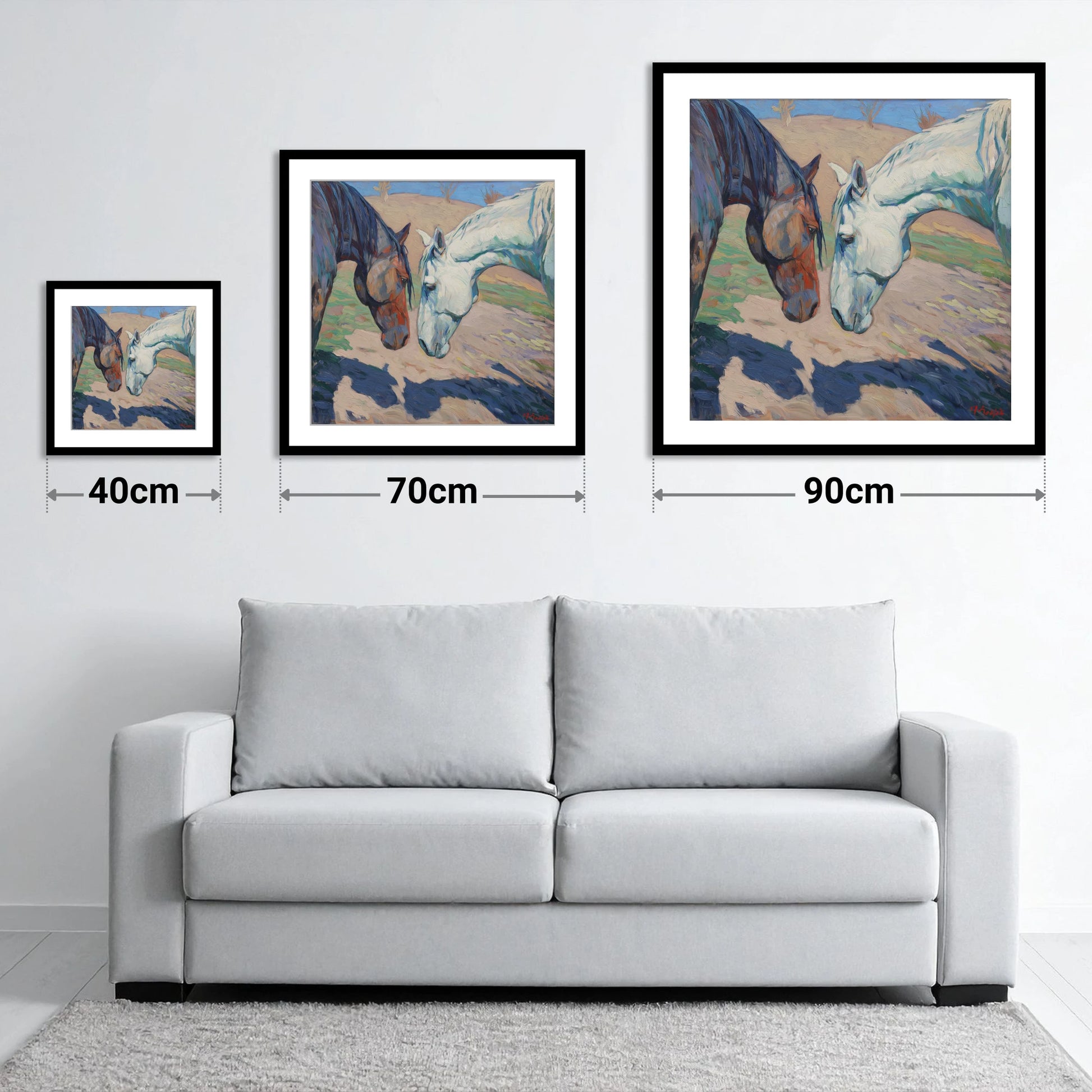 Sunlit Companions - size guide showing 40cm, 70cm and 90cm art prints