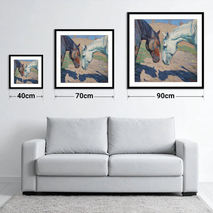 Sunlit Companions - size guide showing 40cm, 70cm and 90cm art prints