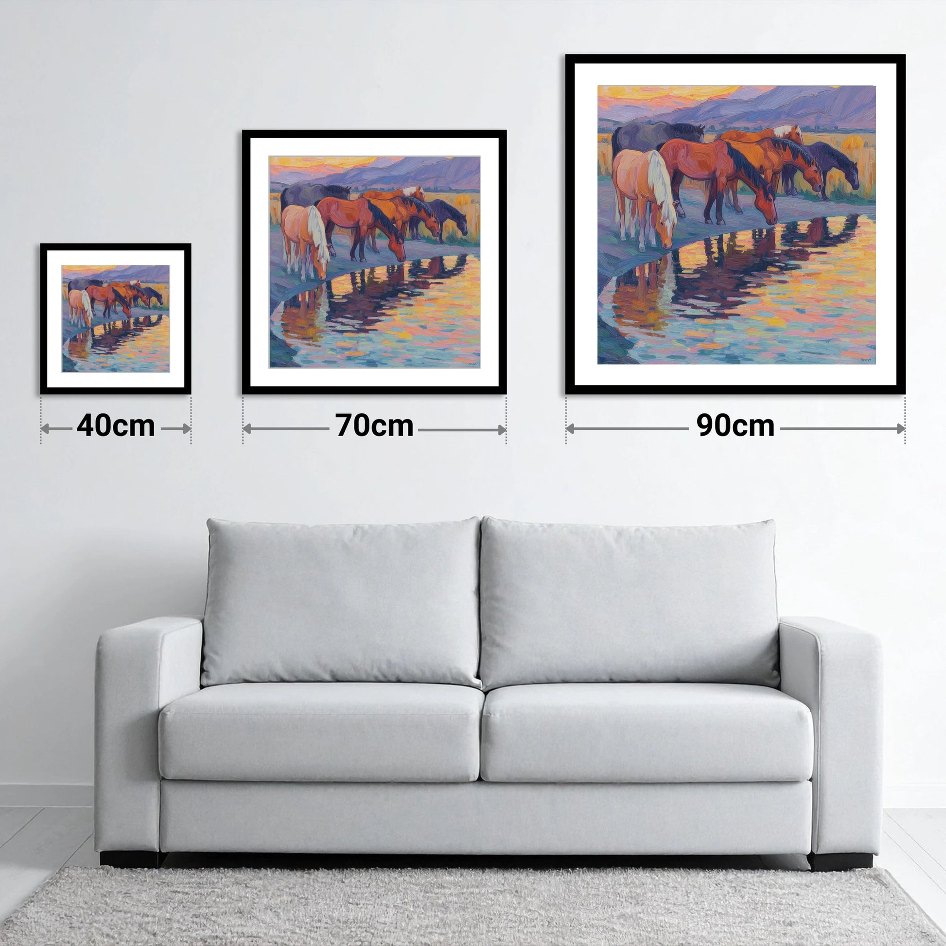 Reflections at Dusk - size guide showing 40cm, 70cm and 90cm art prints