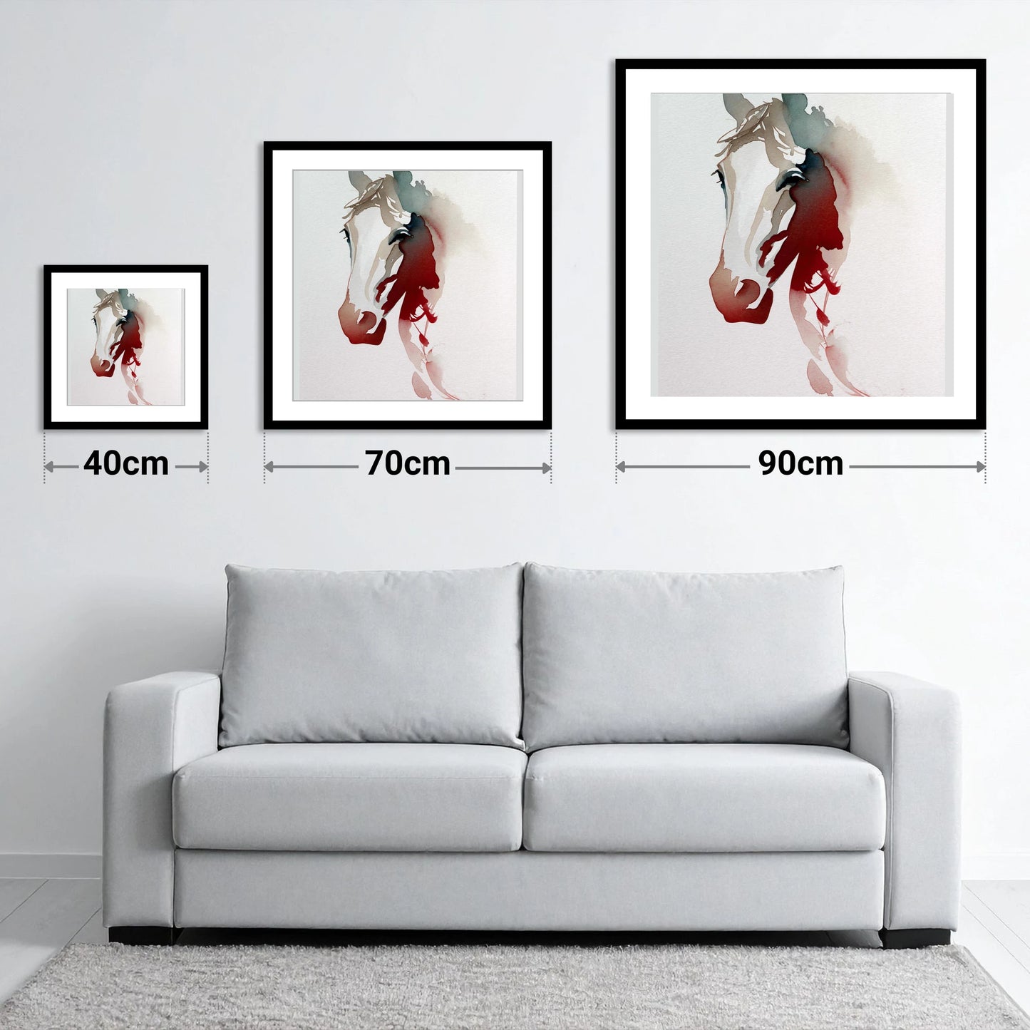 Ethereal Crimson Profile - size guide showing 40cm, 70cm and 90cm art prints