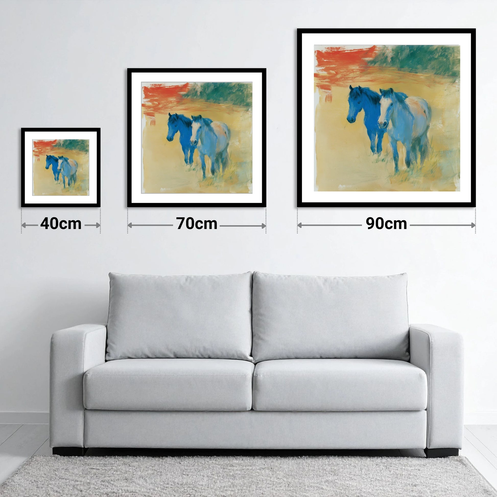 Cobalt Companions - size guide showing 40cm, 70cm and 90cm art prints