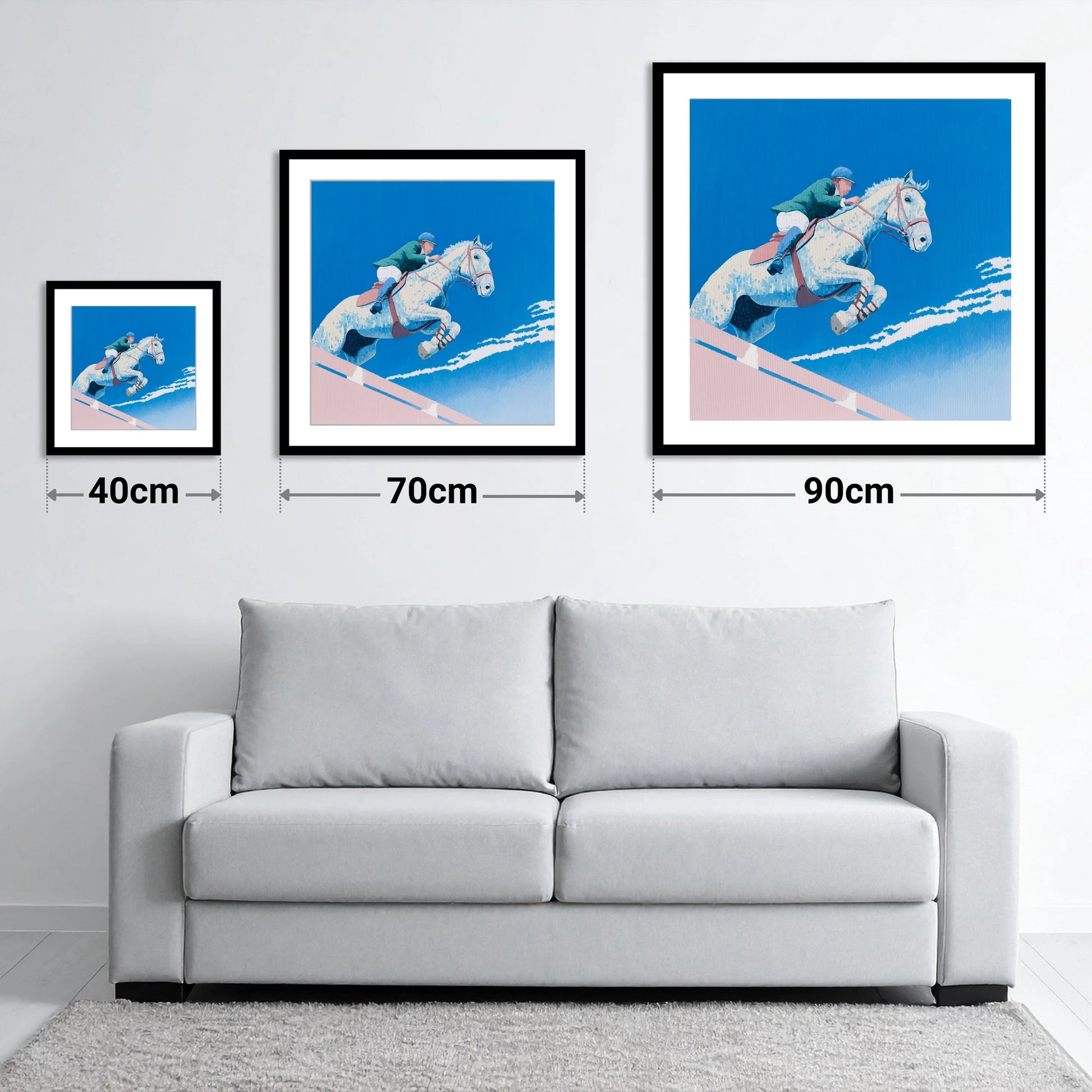 Airborne Over Blue - size guide showing 40cm, 70cm and 90cm art prints