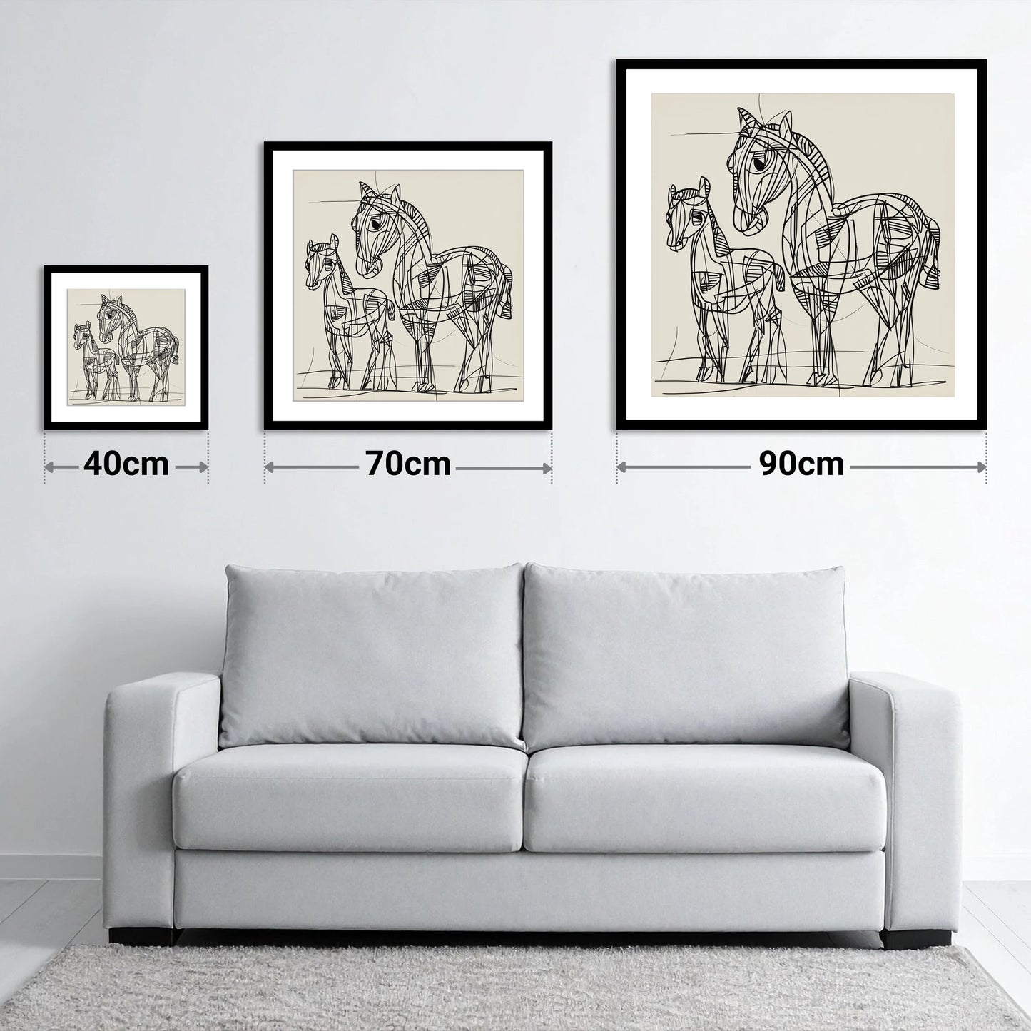 Linear Equine Bond - size guide showing 40cm, 70cm and 90cm art prints