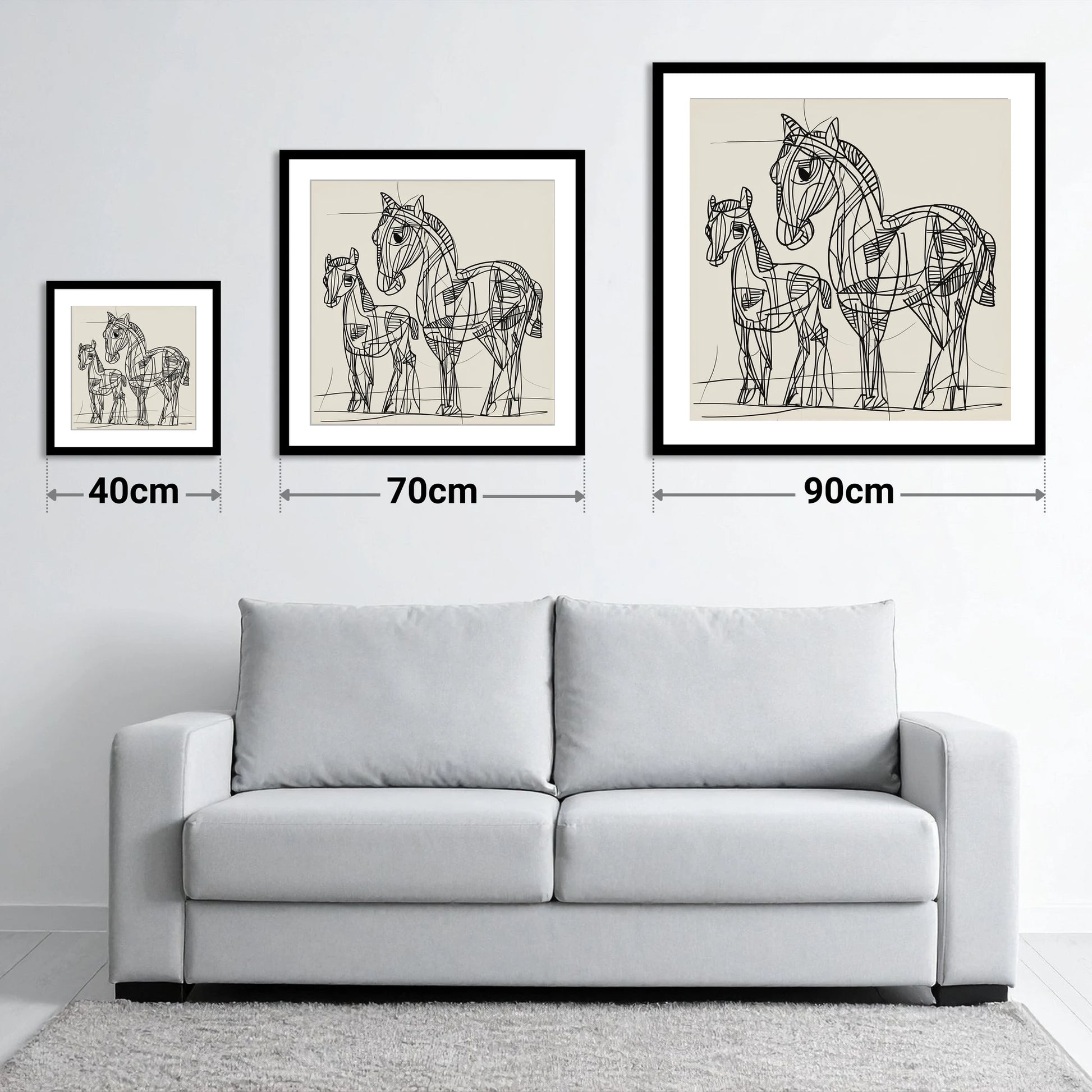 Linear Equine Bond - size guide showing 40cm, 70cm and 90cm art prints