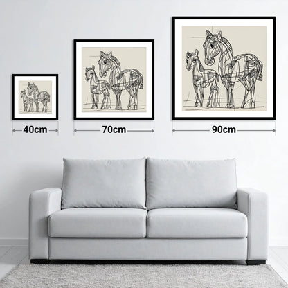 Linear Equine Bond - size guide showing 40cm, 70cm and 90cm art prints