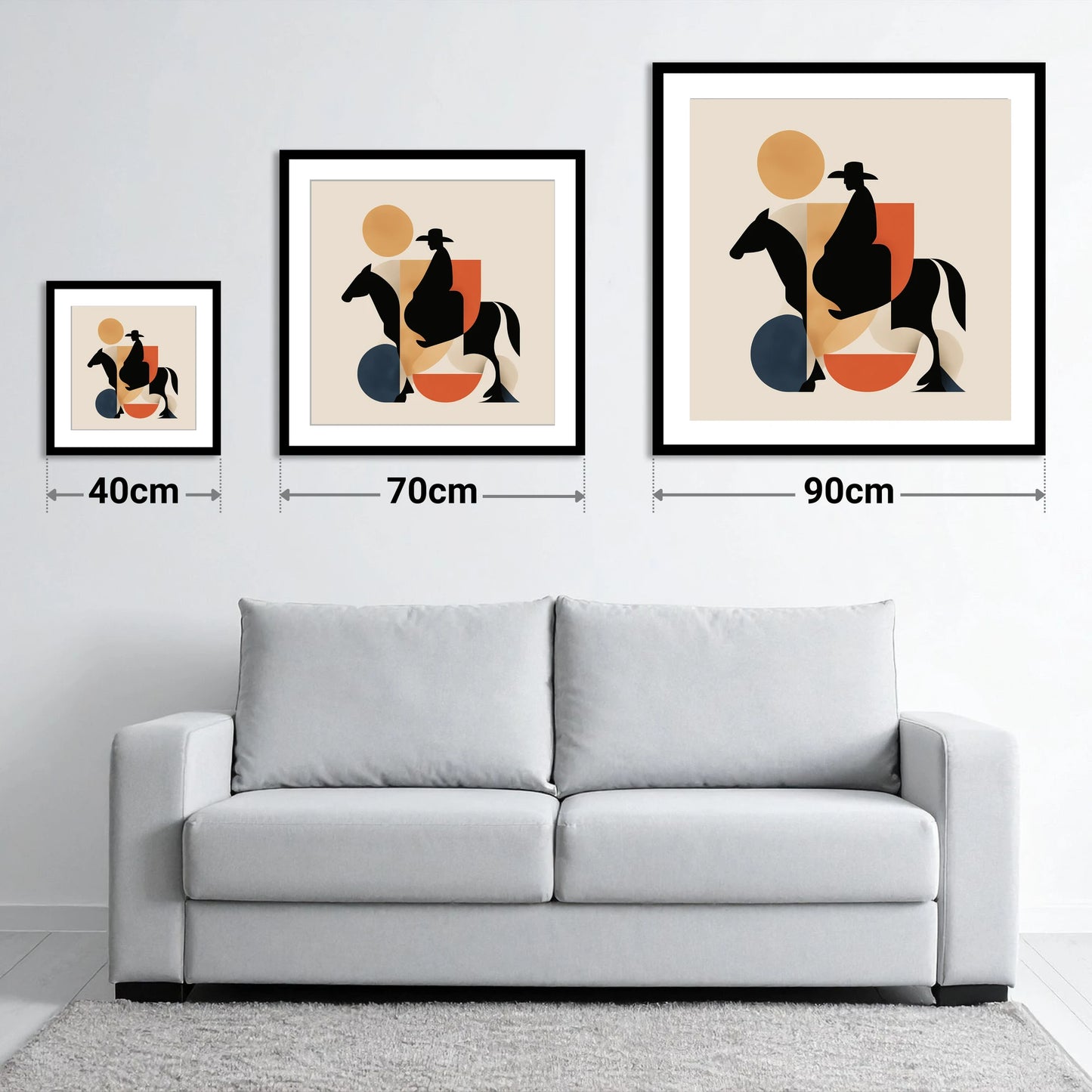 Geometric Western Rider - size guide showing 40cm, 70cm and 90cm art prints